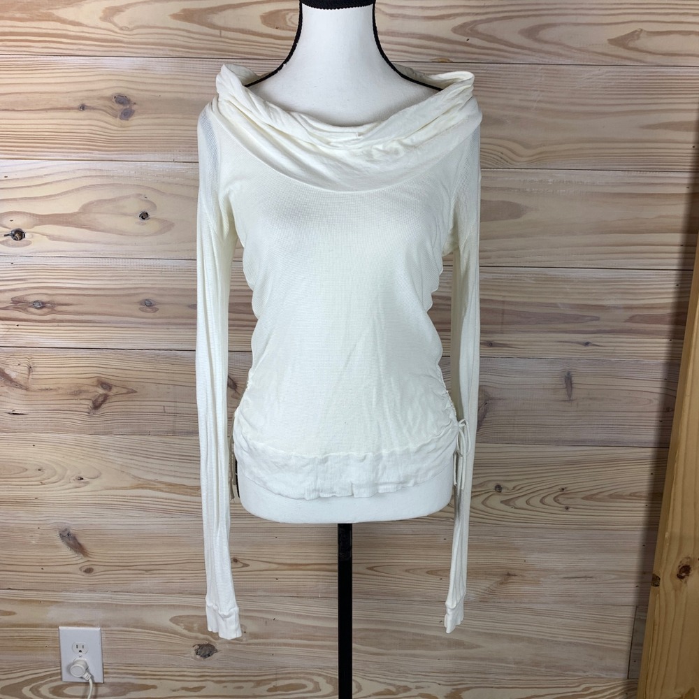 Rebecca Beeson Top Women 3 Ivory Off Shoulder Waffle Knit Cinch Side Y2K Ribbed